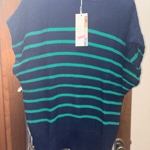 Navy and Teal Striped Women's Turtleneck Sweater